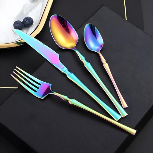 Image of Elegant Handle Rainbow 8 Pcs Stainless Steel Cutlery Set for Dining Table, Dishwasher Safe Glossy Flatware (2 Spoon Set+2 Forks Set+2 Butter Knife+2 Dessert Spoon)