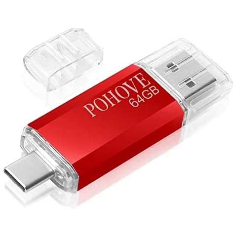 POHOVE USB C Memory Stick 64gb, Type C USB Flash Drive 64 GB 2-in-1 Otg Pendrive 64gb USB Key for Samsung, Huawei, Oneplus, Android Smartphone, Macbook, Pc, Tablets (Red) Cover