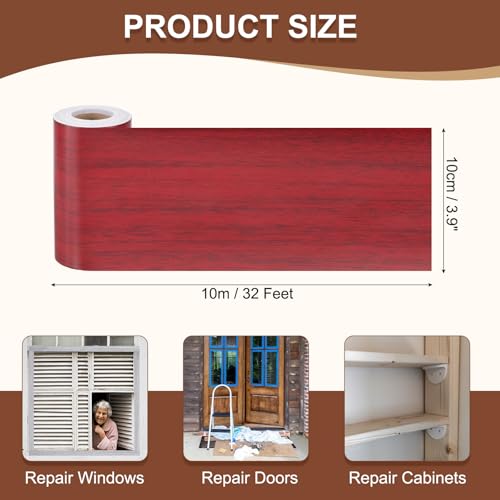 Image of MECCANIXITY Wood Grain Repair Tape, 4 Inch x 33 Feet Self Adhesive Wood Grain Tape Multi-Purpose Wallpaper Border Trim for Furniture Floors Windows Doors Tables Home DIY Projects, Red