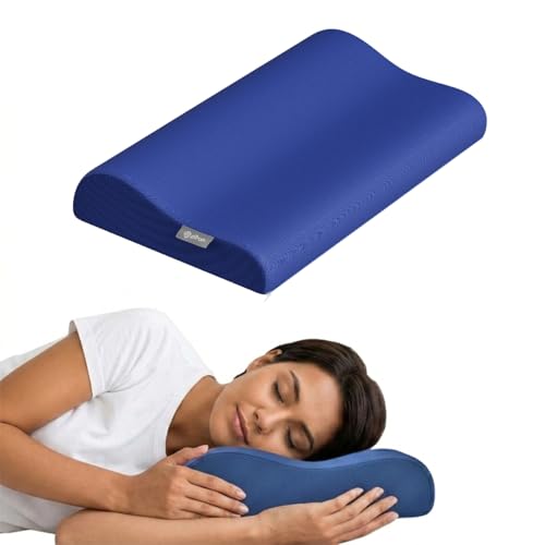 Image of pTron Ergova O2 100% Memory Foam Cervical Neck Pillow, Improves Posture, Spinal Alignment, Neck Pain Relief Cushion, Queen Size 19x11x3.5 inch, Breathable & Washable Zip Cover (Blue)