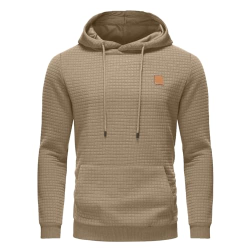 Photo de Sweat à capuche en polaire à carreaux pour homme - Pull décontracté avec cordon de serrage, poches kangourou et poignets côtelés pour l'automne et l'hiver, kaki, M