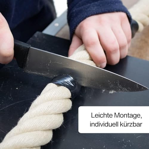 Handlaufseil-Set Ø 30 mm – 3 m Polyhanf-Seil „Nature Touch“ naturfarben mit 2 Endkappen & 3 Seilträgern, vernickelt | Treppe & Geländer