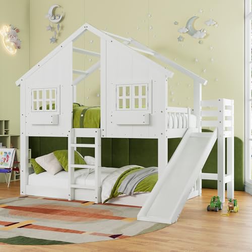 Image of Jocisland Twin Over Twin Bunk Bed with Slide and Ladder, Solid Wood, White | Play House Bunk Bed, 14 inch Safety Guardrails, Window Box Shelf, No Box Spring Needed, Noise-Free, Easy assembly