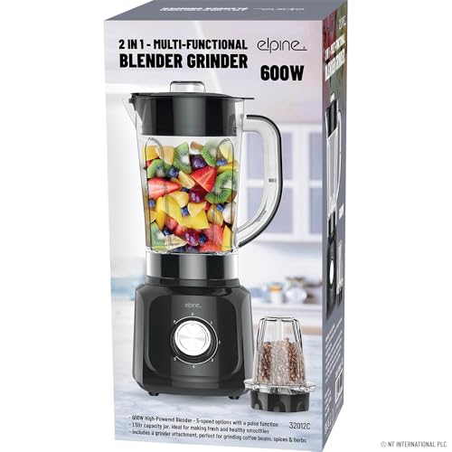 2 In 1 Multi Functional Blender with Grinder - 600W Smoothie Processor Liquidiser with Plastic Food Jug | Juice Maker with Coffee, Nut & Spice Grinder Attachment | 5 Speeds, 1.5L - Black