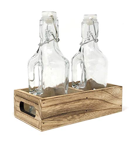 Oil and Vinegar Dispenser Set Cruet Glass Bottles with Swing Top and Wood Caddy for Salad Dressing Condiments, Rustic and Farmhouse Kitchen Decor - Thumbnail 2