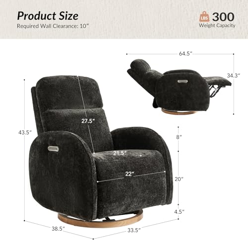 Image of HULALA HOME Glider Recliner Nursery Chair with Adjustable Headrest and Lumbar Support, Modern Power Recliner with USB Port and Nightlight, Swivel Rocker Glider for Nursing Room Bedroom, Black