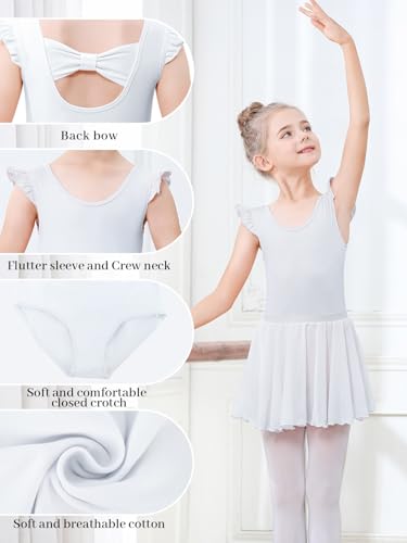 Kefiyis Ballettkleidung Mädchen Rüschenärmel Balette Kleidung Mädchen Baumwolle Ballett Trikot mit Abnehmbarem Rock Ballerina Ballettkleid Tanzkleid für 3-11 Jahre Weiß 140