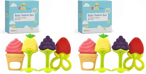 Image of BabyGo Teething Baby Chew Toys | BPA-Free Soft Silicone Teether for Babies 6-12 Months | Natural Organic Freezer-Safe Teething Toy for Toddlers | Gum Pain Relief Teether Set (8 Pack)