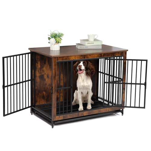 Hello-5ive Cassa Grande per Cani con Mobili, Gabbia per Cani in Legno con Doppie Porte, Box per Cani Robusto per Interni con Vassoio Rimovibile per Cani Piccoli, Medi e Grandi, Tavolo Laterale
