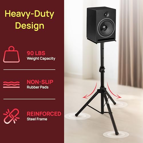 Image of Pyle Adjustable Speaker Stand Pair - Dual Studio Monitor Tripod with Metal Base, Anti-Slip Speaker Pads, Height Adjustment from 34 inch to 53 inch - Ideal for Home, Studio, and DJ Use, 90 lbs Weight Capacity