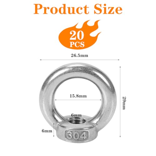 20 Stück Ringmutter M6 Aus Edelstahl Mit Innengewinde – Ideal Als Ösenmutter Für Hebegeräte, Seilmontage, Anhänger, Gewächshaus, Schaukelständer Oder Blumentöpfe. Korrosionsbeständig Und Hochbelastbar
