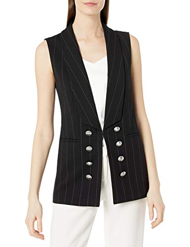 Tahari ASL Women's Long Shawl Collar Vest, Black Ivory Pinstripe, 4