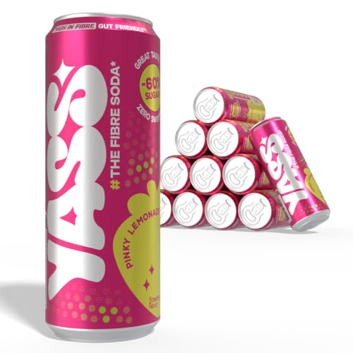 YASS Soda Prébiotique -Saveur PINKY LEMONADE - Le Soda Sain & Stylé qui Prend Soin de Ton Ventre 6.6g de Fibres et -60% de sucre-12 canettes de 33cl
