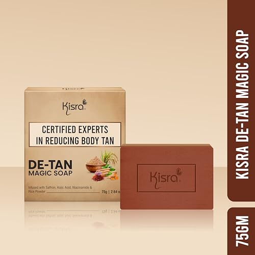 Image of Kisra De-Tan Magic Soap | 2-in-1 Exfoliating Scrub & Cleansing Bar | With 2% Kojic Acid, Niacinamide, Saffron & Walnut | Tan Removal Bath Soap for Dark Spots & Glowing Skin | For Unisex 75g (2 Pack)