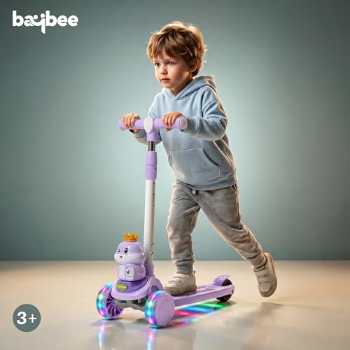 Image of Baybee Dino Crown Kick Scooter for Kids | 3 Wheel Kick Scooter with RGB LED Wheels & Music | 3 Height Adjustable Handle & Rear Brake | Foldable Scooter for Kids 3 to 8 Years Boys & Girls (Purple)