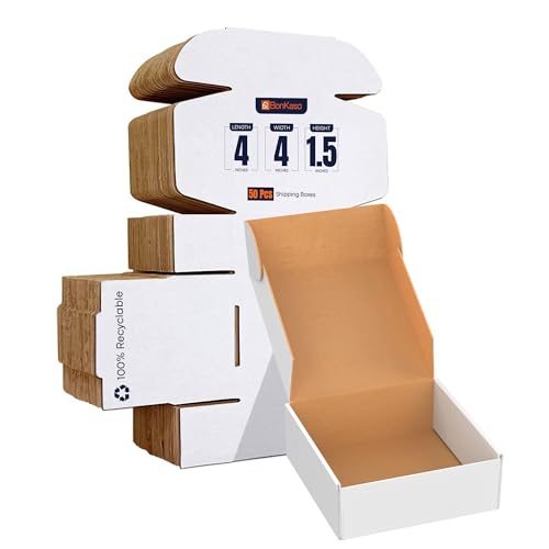Image of BonKaso 3 Ply White Flap Corrugated Boxes for Packaging | 4 inchx4 inchx1.5 inch (Pack of 50) | Cardboard Packing Box for Shipping, Moving & Storage | Cartons for Courier & Goods Transportation