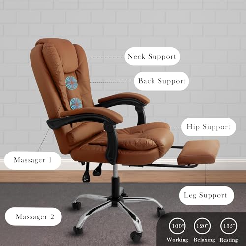 Image of Casa Copenhagen Italia Leatherette Office Chair for Work | Boss Chair, Luxurious Cushioned Arms & Seat, 2 Point Back Massager, Adjustable Leg Rest, Heavy Duty Metal Base (Mud Brown)
