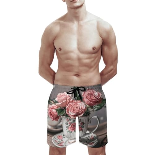 Mens Shorts Tea Cups with Roses Romantic Shabby Men Swim Trunks Quick-Dry Beach Shorts with Drawstring Pocket Bathing Suit XL3