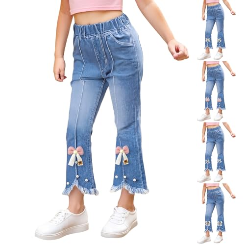 Girl's High Waisted Flare Leg Jeans Cute Bow Split Raw Hem Bell Bottom Jeans Denim Pants with Pockets 1-12 Years