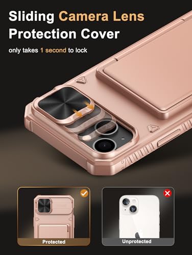 Image of Vihibii for iPhone 15 Plus, iPhone 14 Plus Wallet Back Cover with Card Holder (4 Cards) [RFID Blocking] & Slide Camera Cover & Raised Edges Screen Protection, Shockproof Rugged Case, 6.7 inch, Rose Gold