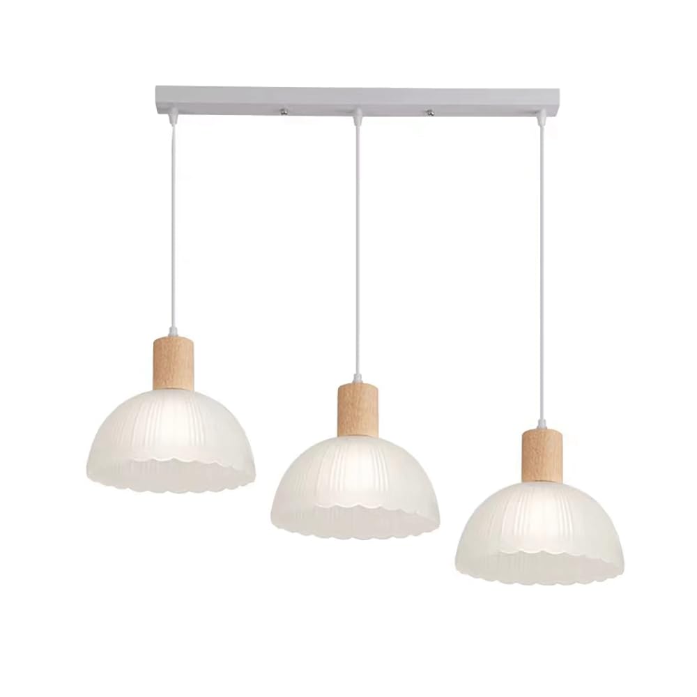 Lustre de salle à manger à 3 têtes en bois et verre blanc E27