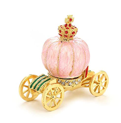Crystal Studded Pewter Jewelry Trinket Box Pumpkin Pink Cart Crafts Metal Bejeweled Hand-Painted Figurine Collectible Ring,Earrings,Necklace Holder Desktop Decor #TOP1