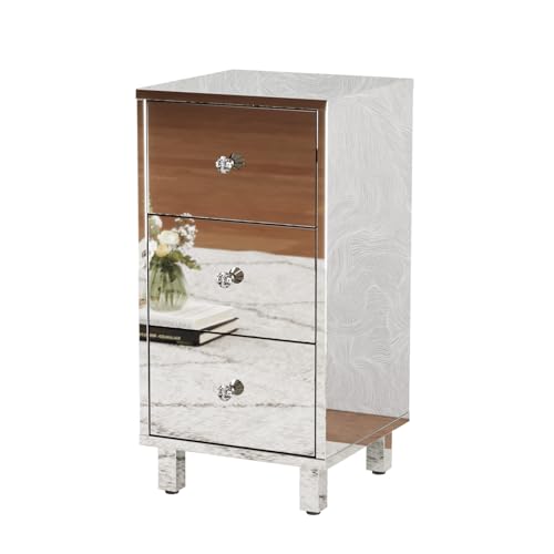 LEADZM Table de Chevet Miroir, Meuble de Chevet avec 3 Tiroirs, Table d’Appoint, Table de Nuit, Papier Effet Miroir, 38 x 30 x 60 cm (1)