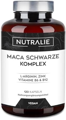 Maca Kapseln 32.000 mg – Leistung 20:1 - Maca Schwarze L-Arginin Zink B6 B12 – peruanische für Männer und Frauen – 120 Kapseln Black Maca Complex Nutralie