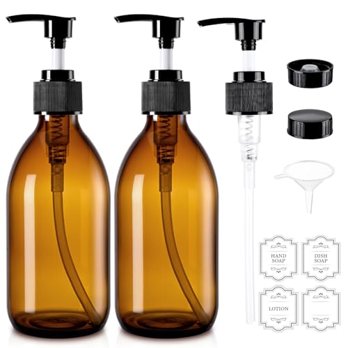 Homepicker 10 oz Small Amber Glass Soap Dispenser with Pump Glass Pump Bottle for Lotion Body Oil 300ml Hand and Dish Soap Dispensers Set with Storage Caps Labels - 2 Pack