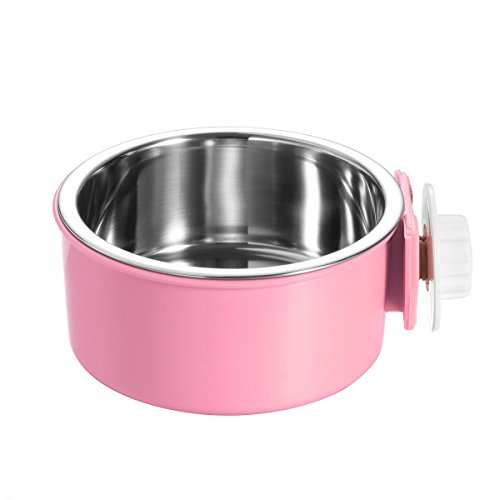 UEETEK 2 in 1 Stainless Steel Pet Hanging Cage Dog Bowl Small Animal Food Water Bowl (Pink)