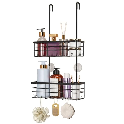 HapiRm Hanging Shower Caddy Organizer - No Drilling Shower Organizer with Hooks Rustproof & Waterproof 304 Stainless Steel Bathroom Shelves - Black