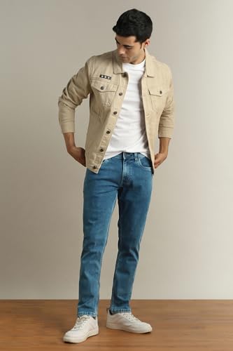 Image of Peter England Men's Slim Tapered Jeans | Heavy Wash Denim | Casual Wear | Modern Fit