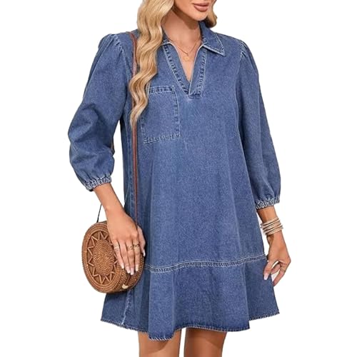 Women's V-Neck Denim Dress, A Line Mini Jean Dresses 3/4 Puff Sleeve Ruffle Loose Denim Layered Dress with Pockets
