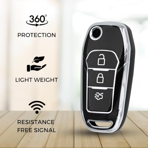 Image of KEYCEPT Silver Line TPU Key Cover Compatible with Ford Figo, Aspire, Endeavour Flip Key 3 Button with Keychain. (Type 1, Black)