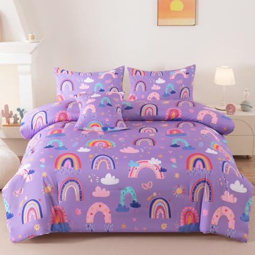 Image of Rainbow Girls Bedding Set Twin Size, Love Hearts Rainbow Comforter Set Twin Purple Bedding Sets for Girls Kids