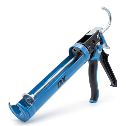 OX Caulk Gun No Drip 10 oz with 25:1 & 12:1 Dual Thrust Manual Caulking Gun Heavy Duty Drip Free Sealant Guns Professional Silicone Spout Cutter