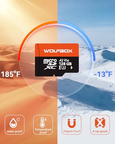 Image of WOLFBOX 128GB MicroSD Card with Adapter, Up to 100MB /s, U3 A2 V30 High Speed Transfer, Supports 4K UHD Video Recording, Fit for G840S / G930 / G900PRO / G900 Tripro Dash Cams