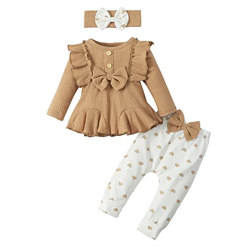 Image of Xavaria Newborn Baby Girl Clothes Infant Outfits Set 3 Pieces Ruffle Ribbled Long Sleeve Top + Pant + Headband