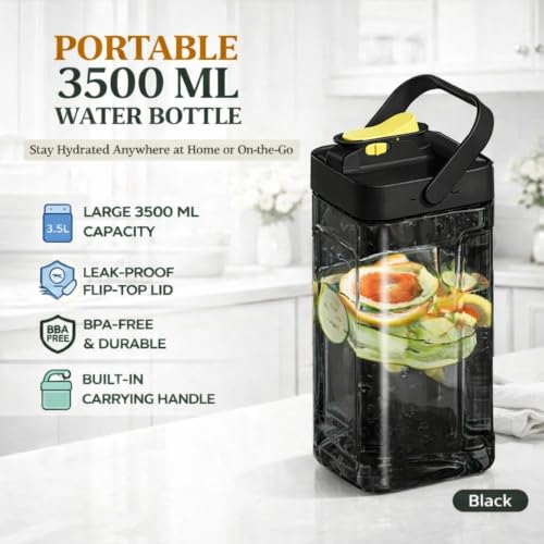 Image of LUXJET 3500ML Large Water Bottle with Handle, BPA-Free Plastic Water Jug, Leakproof Flip-Top Lid, Reusable Motivational Drinking Bottle for Gym, Office, Home, Travel, Outdoor, Sports & Daily Use