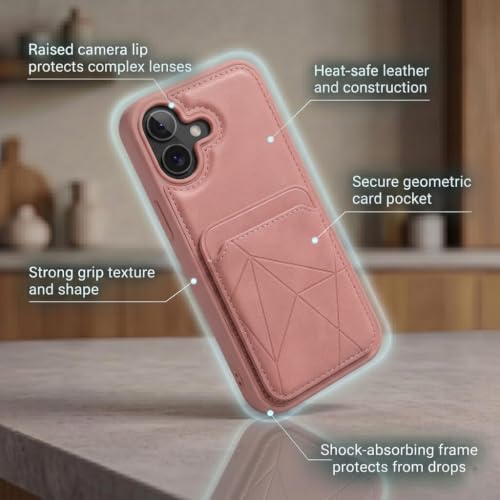 Image of amazon basics Premium Vegan Leather Back Cover with Card Holder and Integrated Mobile Stand for iPhone 17 - Slim Shockproof Wallet Case with Geometric Stitching [Pink]