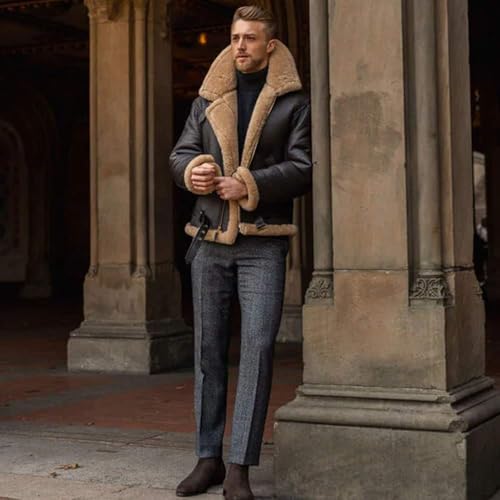 Men's Sherpa Shearling Faux Fur Lined Cowhide Leather Aviator Military Warm Fur Collar Buckle Straps Insulation Jacket3