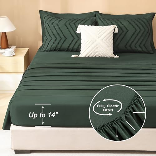 Image of Litanika Forest Green Queen Size Comforter Set with Sheets - 7 Pieces Bed in a Bag Queen Boho Tufted Complete Bedding Sets with Comforter, Sheets, Pillowcases & Shams