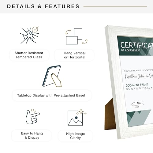 MCS Studio Gallery 8.5x11 Picture Frame White Woodgrain, Rectangle Photo Frame for Photos, Posters & Art Prints & Easel for Tapletop Display (1-Pack)