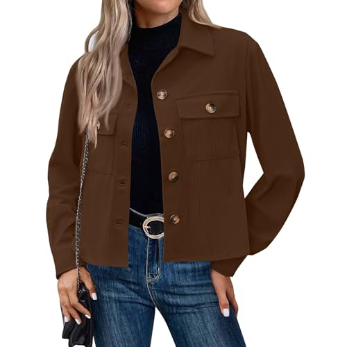 Corduroy Shacket Women Cropped Button Down Shirts Jacket Casual Fall Long Sleeve Crop Tops Bomber Jacket with Pockets