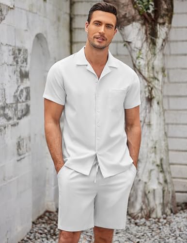 coofandy men39s 2 pieces casual beach outfits short sleeve button down shirts summer short set