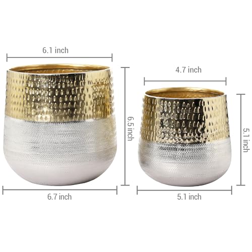 Mygift DECO2912GOL Round Two-Toned Indoor Planter Pot, Hammered Brass And Milled Embossed Silver Tone Metal Planter Vase thumb #5