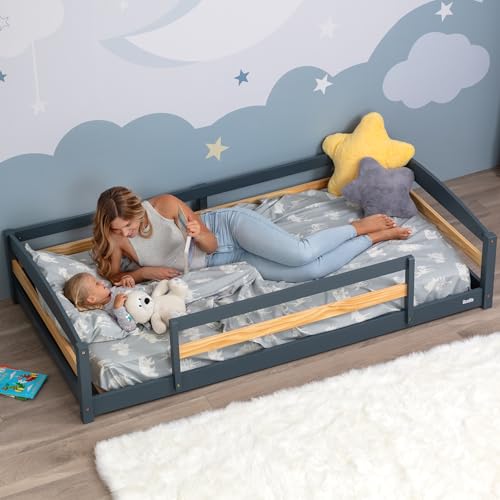 Twin Floor Bed with Safety Guardrails for Kids, Montessori Inspired with Rails and 2 Openings, Twin Size Bed Frame for Girls and Boys - Gray