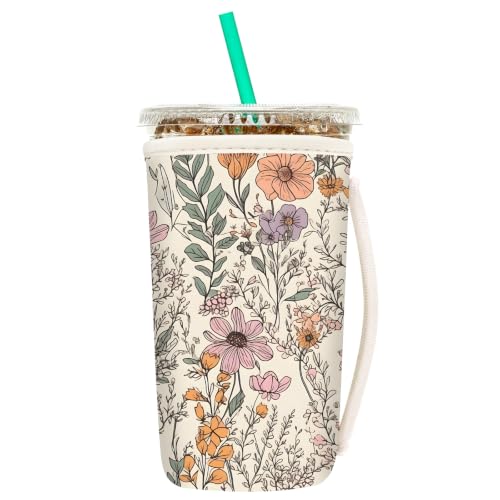 Image of Insulated Neoprene Cup Sleeve for Iced Coffee & Cold Soda - Reusable & Sweatproof, Keeps Drinks Cold Longer, Coffee Coolie for Hot & Iced Drinks (Wildflowers, Large: 32oz)