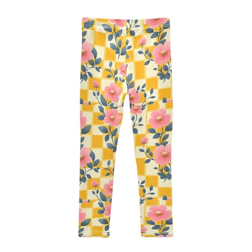 Boccsty Yellow Checkered Pink Flowers Girls Leggings Kids Yoga Pants Dance Active Tights 4T2