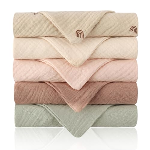 5 Piezas Cuadrados Muselina Bebé 26×25cm, Paños para Escupir Suaves 100% Algodón, Transpirables & Absorbentes, Ideales para Alimentar, Limpiar & Lavar Recién Nacidos(A)